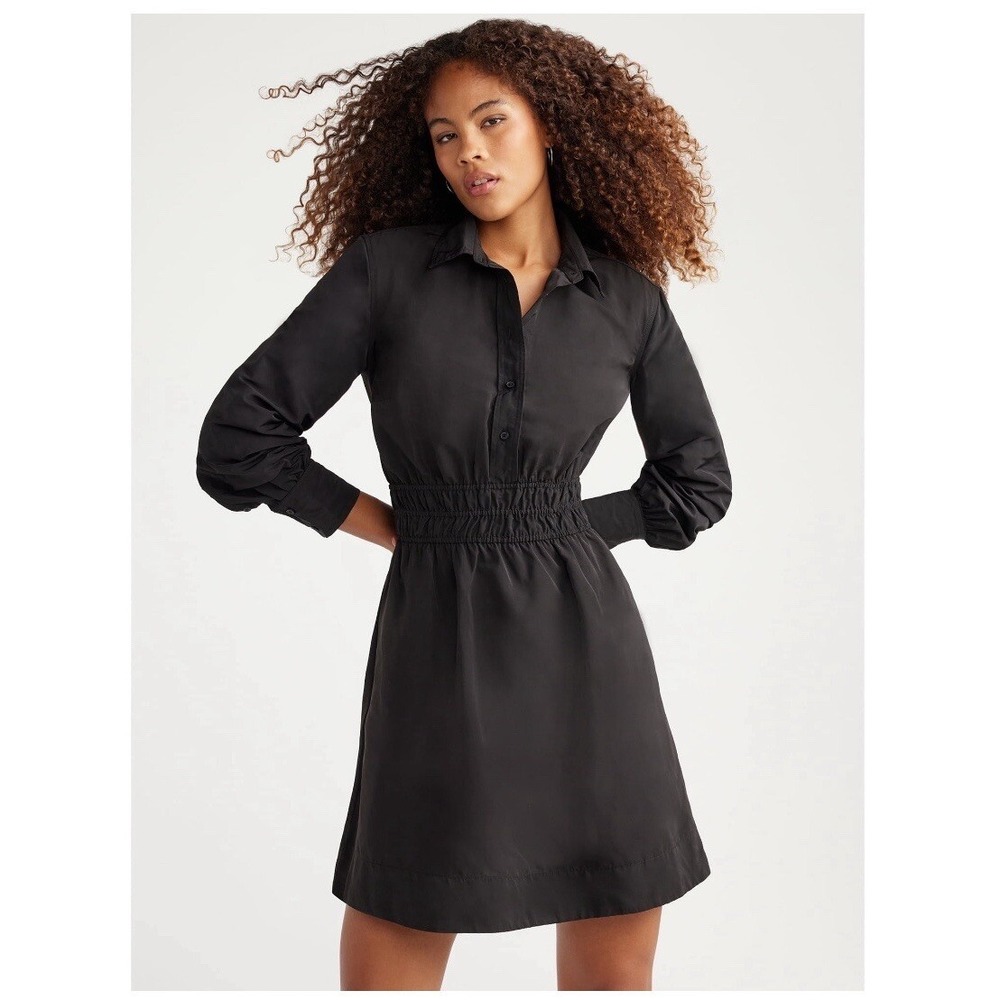 Free Assembly Shirt Dress Women Small Black Smocked Waist Long Sleeve‎ Pocket